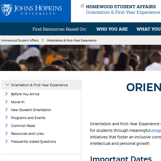 JHU Homewood Student Affairs Child Site screenshot